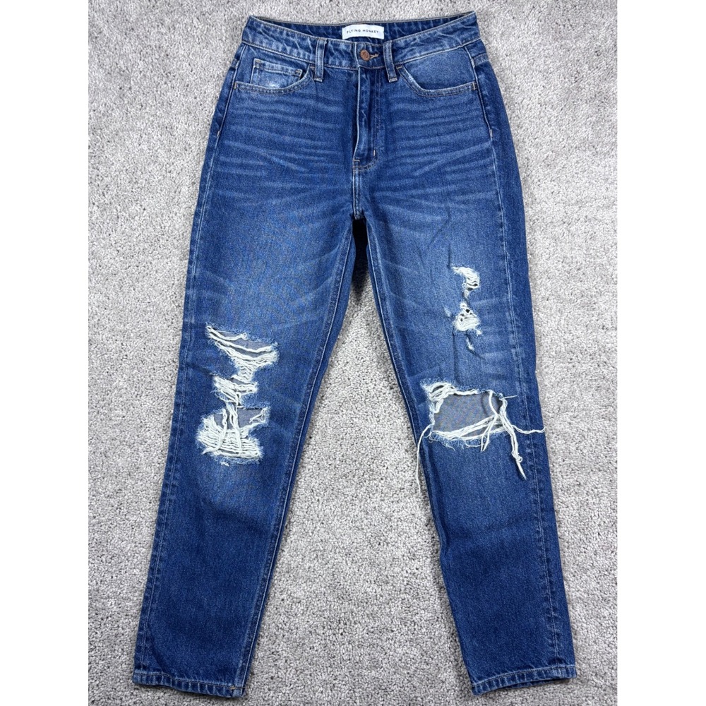 Flying Monkey Women's Distressed High Rise Mom‎ Jeans Size 26 Denim Cotton